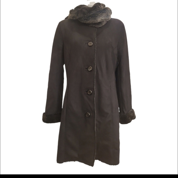 Elegant Black Coat with Faux Fur Scarf and Trim designer Ellen Tracy size small - Picture 5 of 11